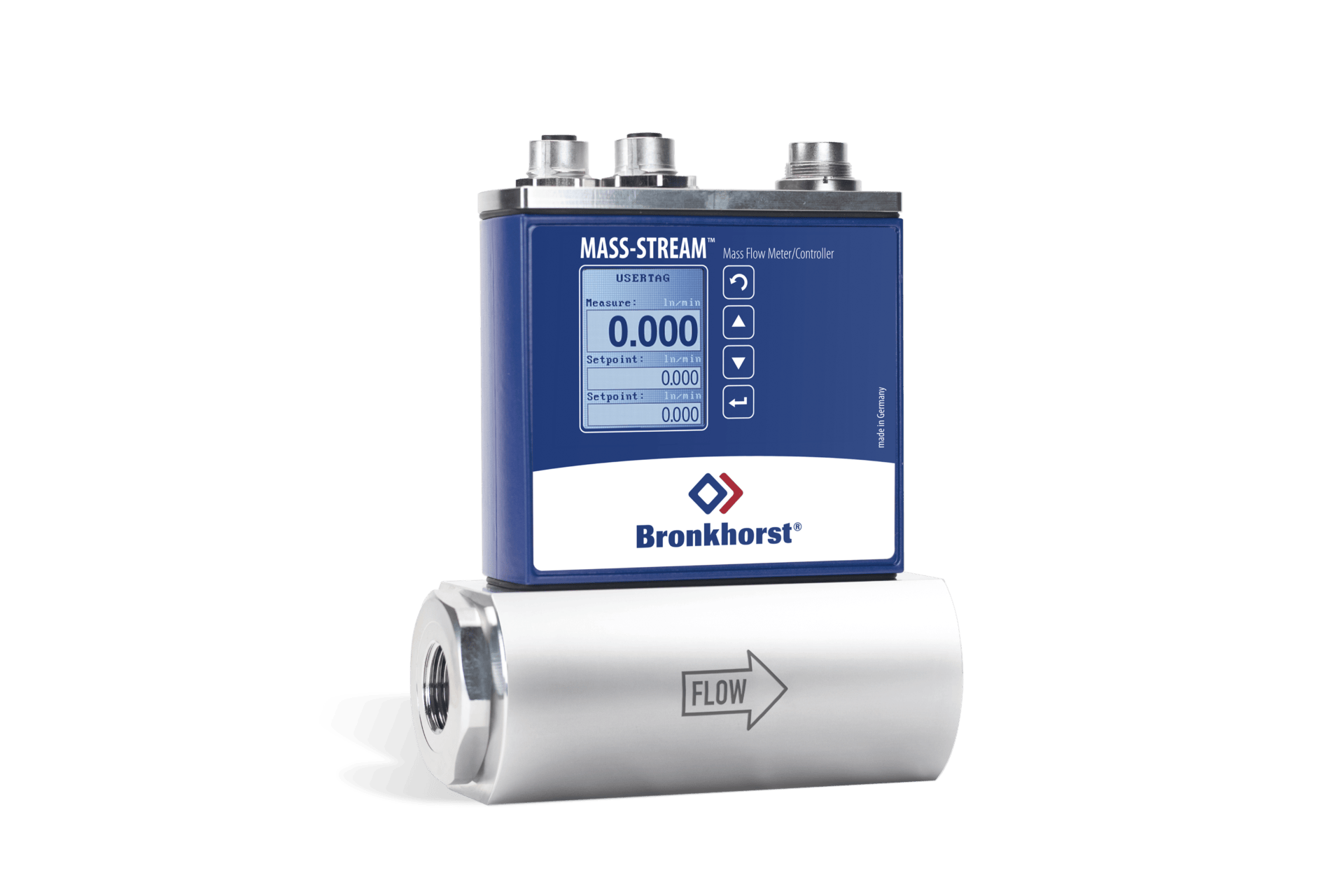 Mass-stream som er enten er kun flow meter eller en mass flow controller med display og knapper for setpunkter og informasjon.