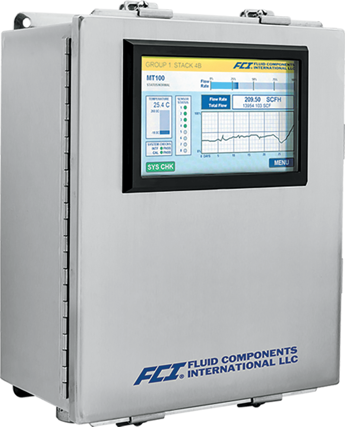 MT100 Koblingsboks med display med innebygget knapper for logging, diagnose, og kalibrering.