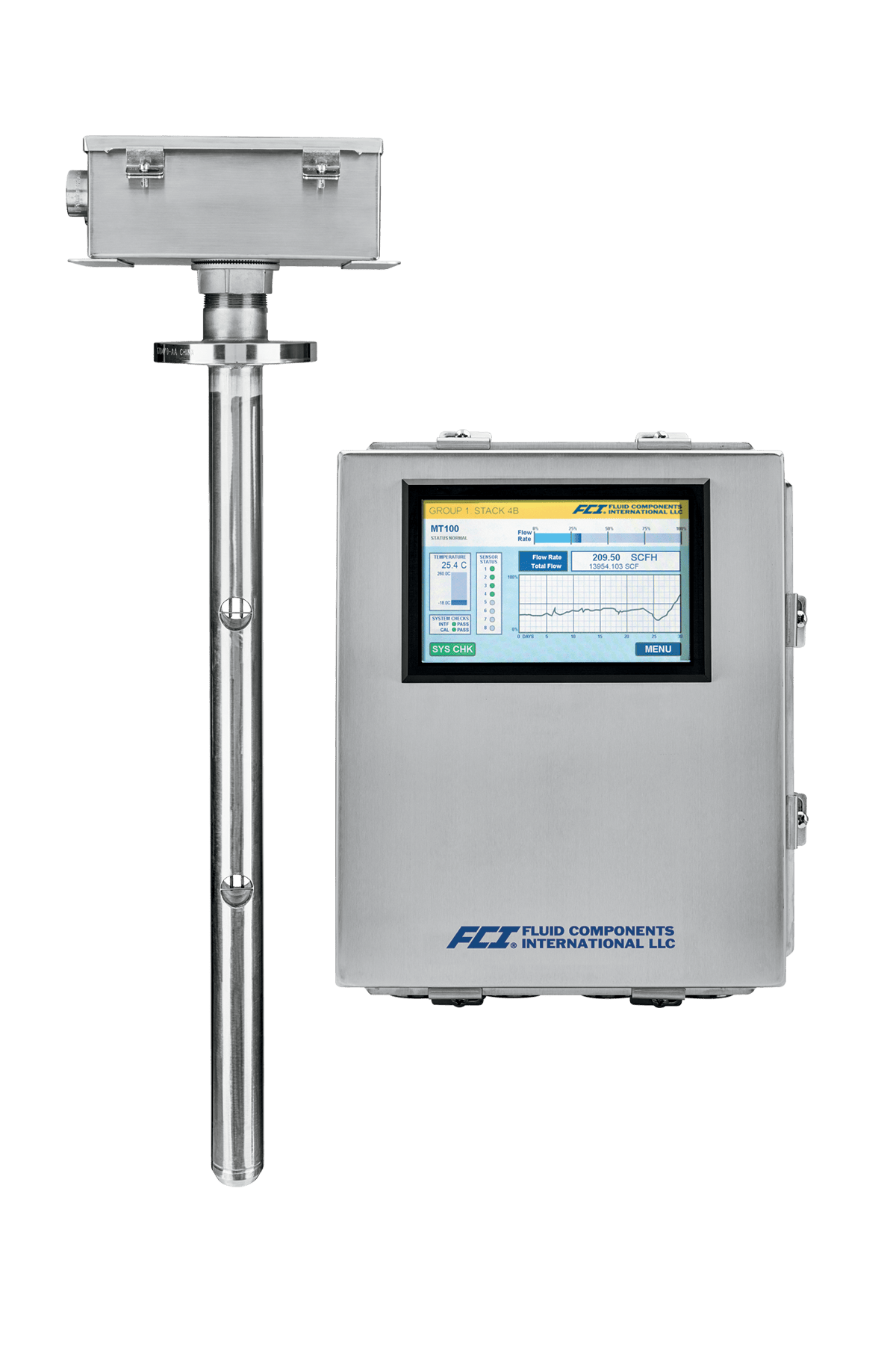 MT100 Koblingsboks og sensorer. Koblingsboks har display med innebygget knapper for enkel kontroll.