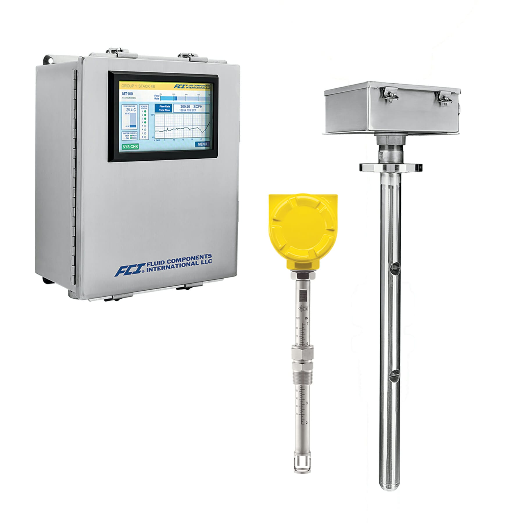 MT100 måler fra FCI består av koblingsboks og sensorer. Koblingsboks har display med knapper for logging, diagnose, og kalibrering.