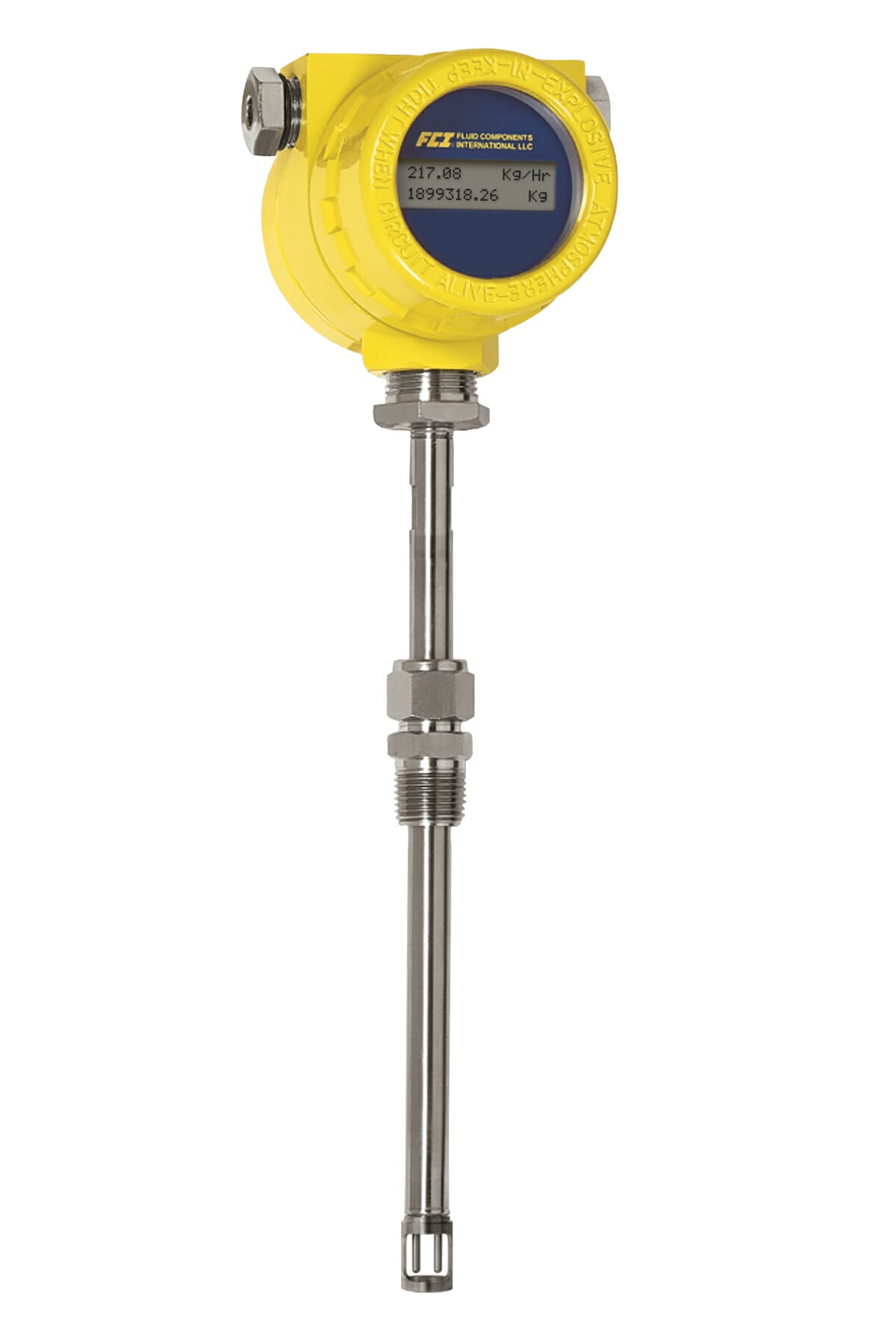 ST51 termisk flowmåler, gult hus med display, gjengetilkobling og sensor for enkel montasje.