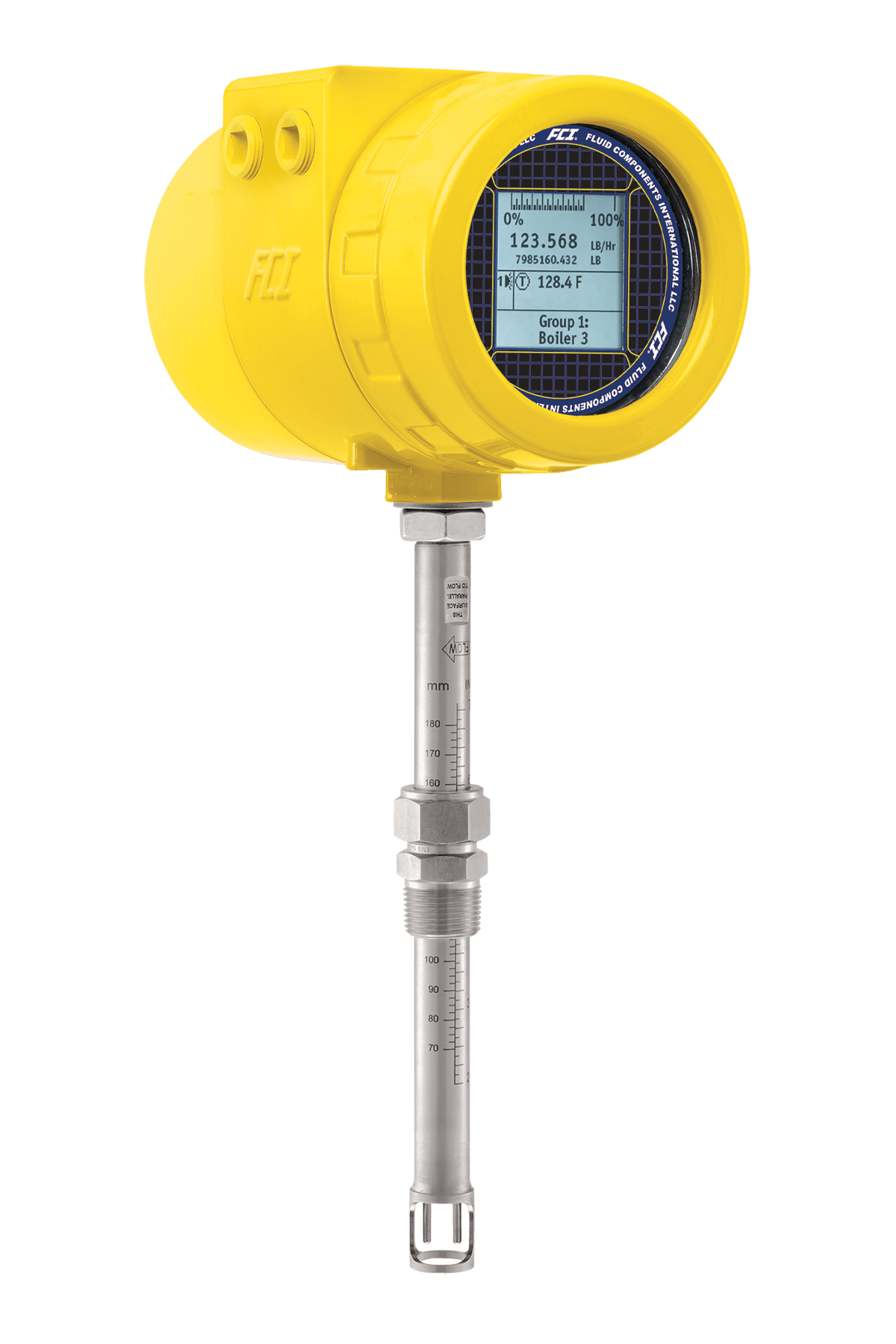 ST80 termisk flowmåler, gult hus med display, gjengetilkobling og sensor for enkel montasje.