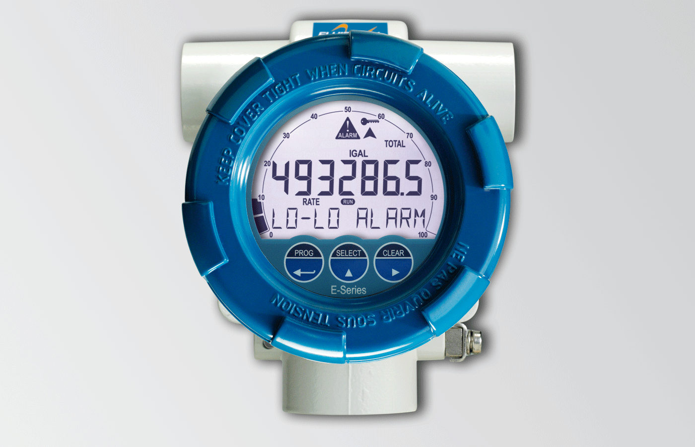 Flow indikator med blinkende rød alarm. Atex koblingshus utførelser.