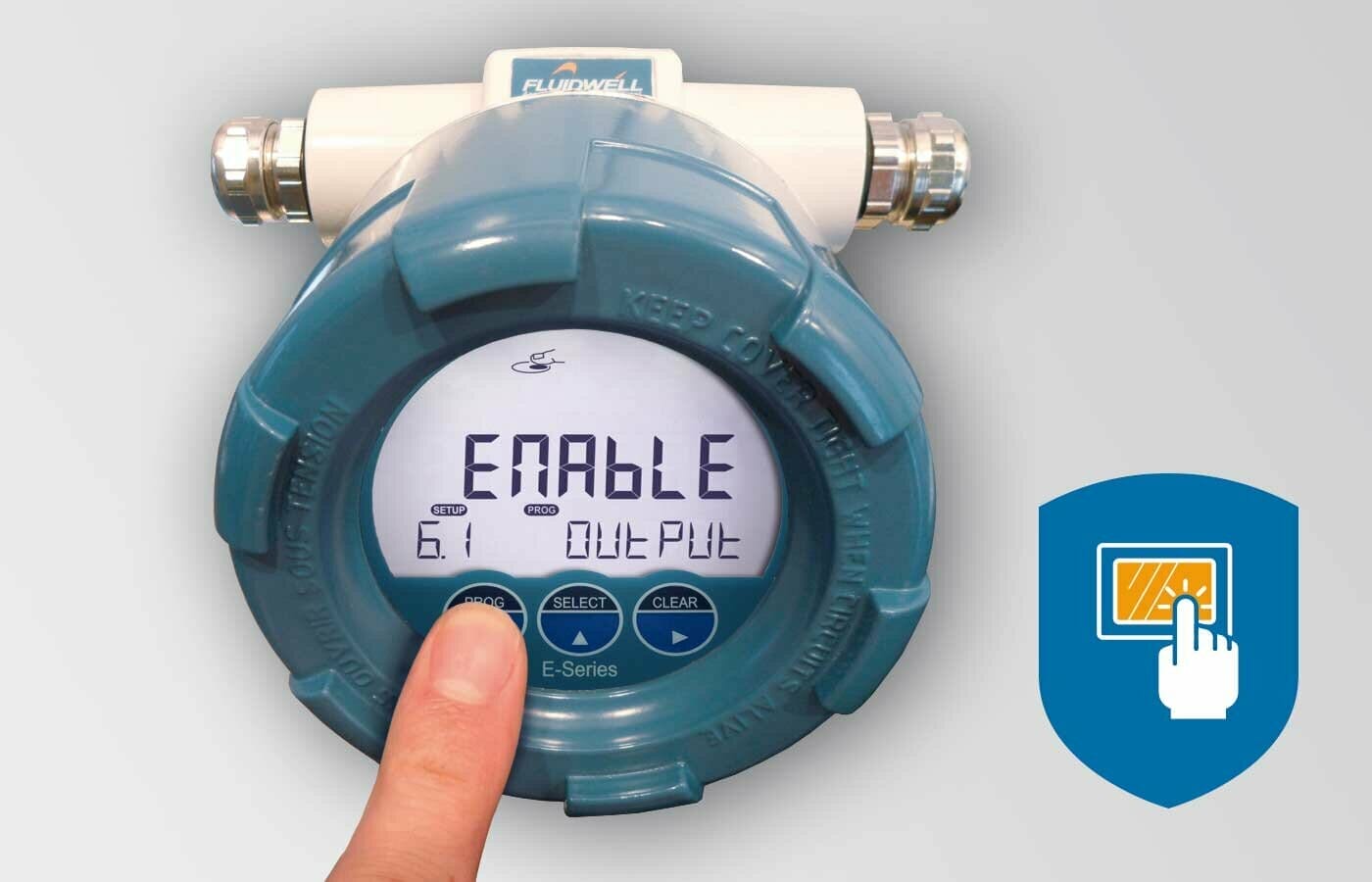 Digitalt display som har integrerte knapper for enkel operering eller programmering i felt, innkapslet i et ex sikkert hus.