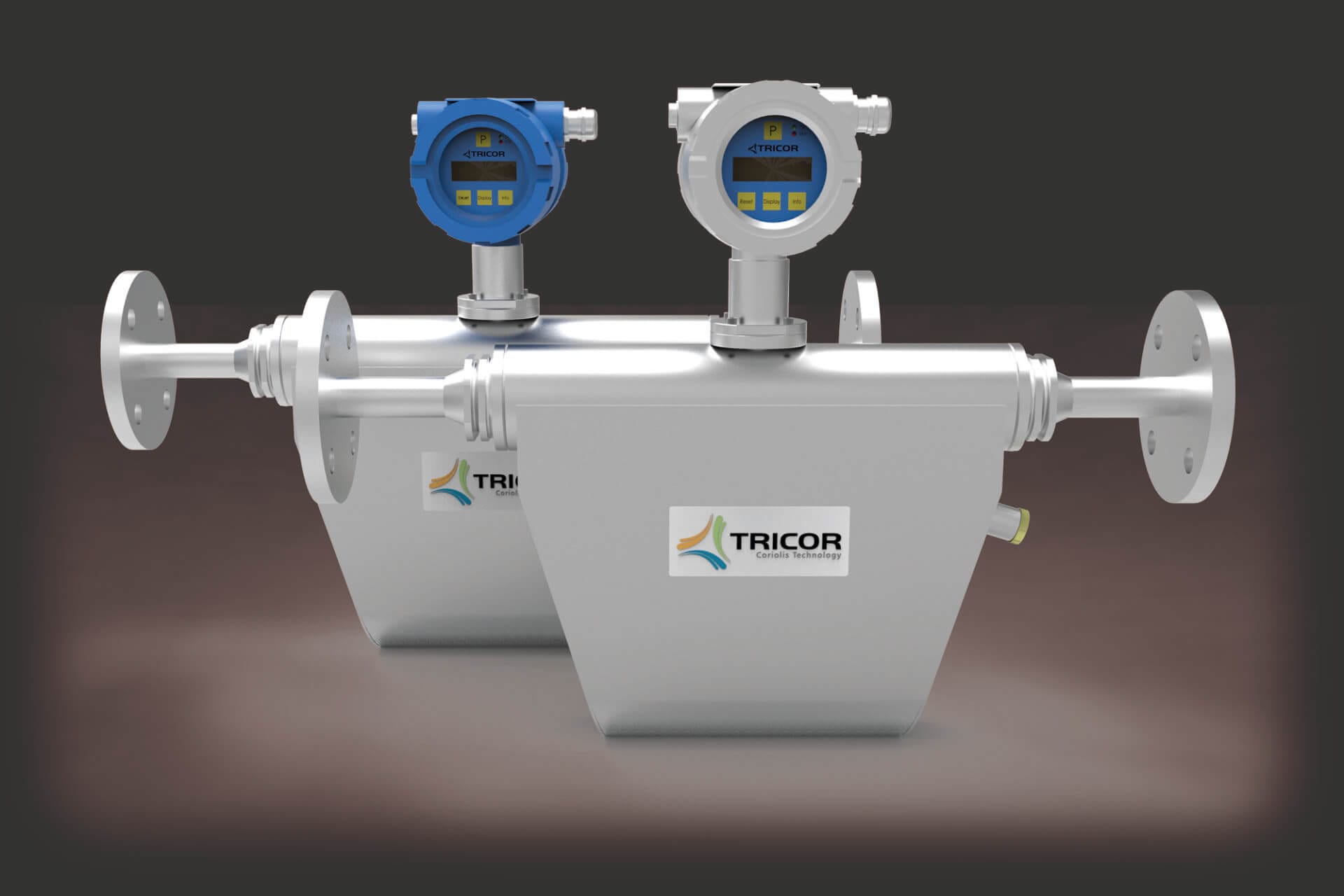 Tricor Coriolis Masseflowmeter i to ulike versjoner med flensetilkobling og lokalt display.