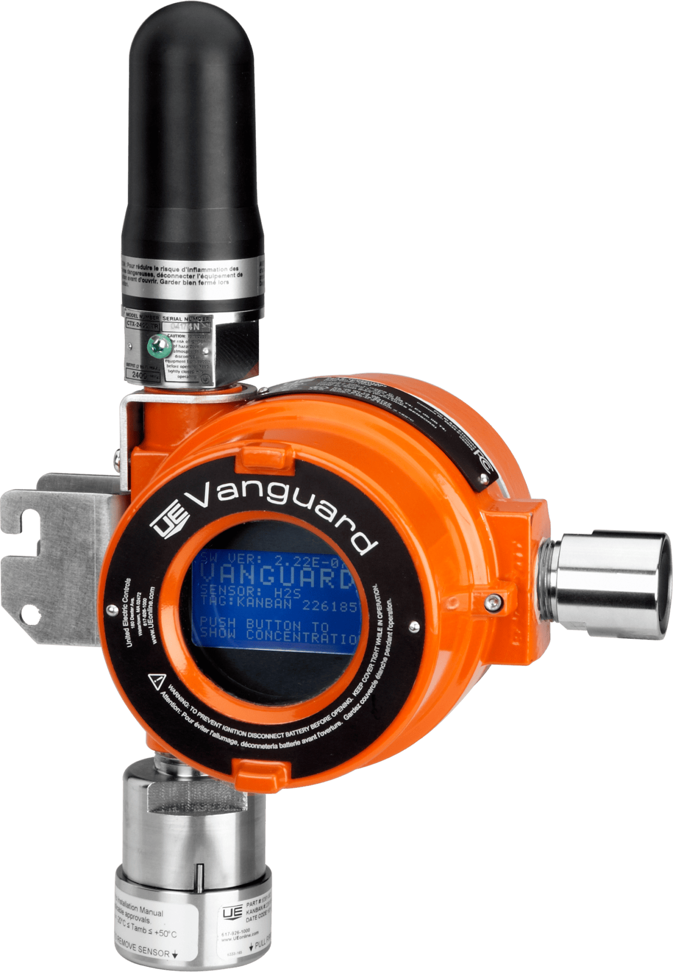 Vanguard gassmåler. Orange koblingshus med display. Antenne for tråløs signaloverføring.