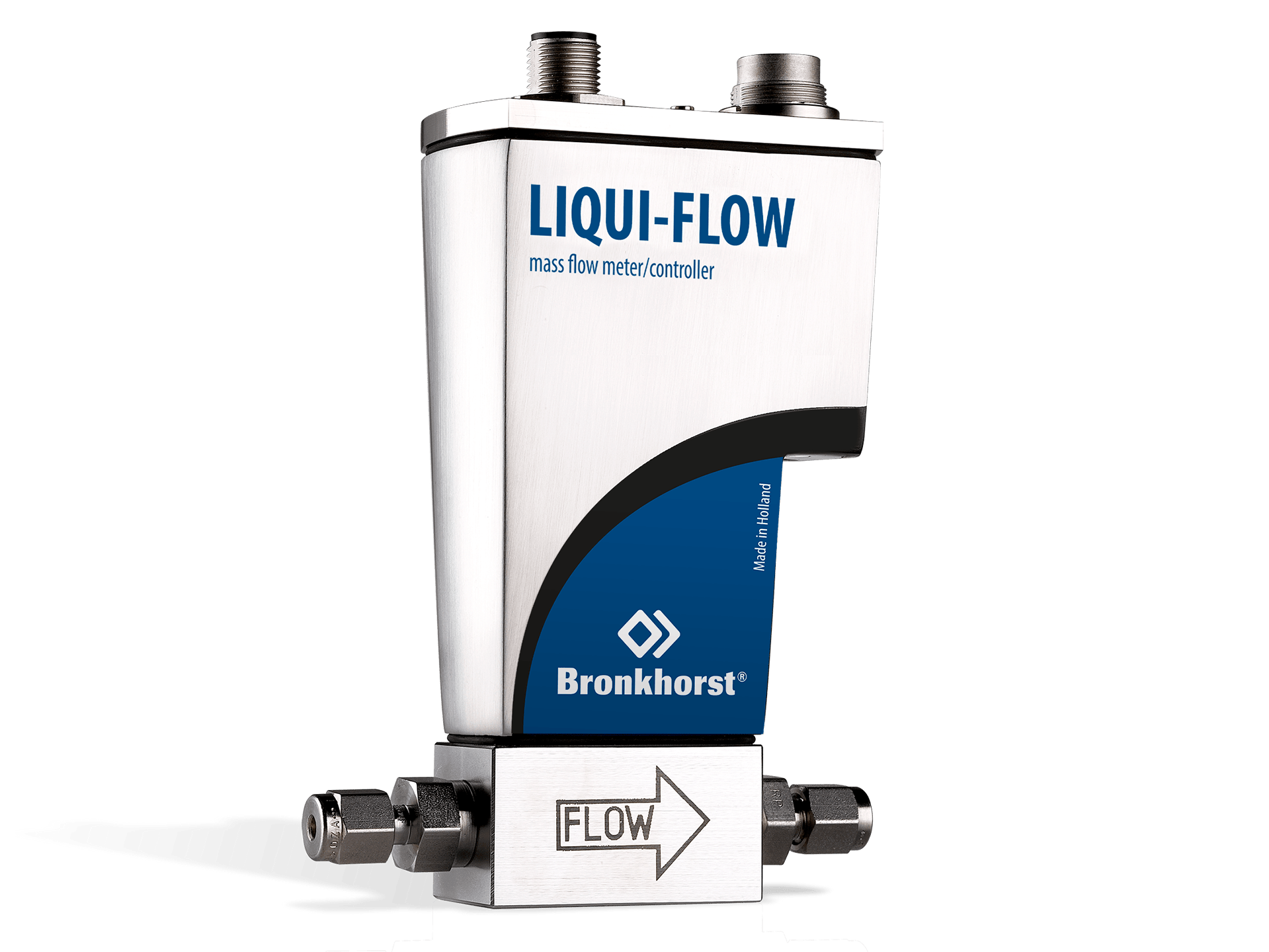 Liqui-flow måler eller kontroller med tilkobling for tubing og elektronikk.