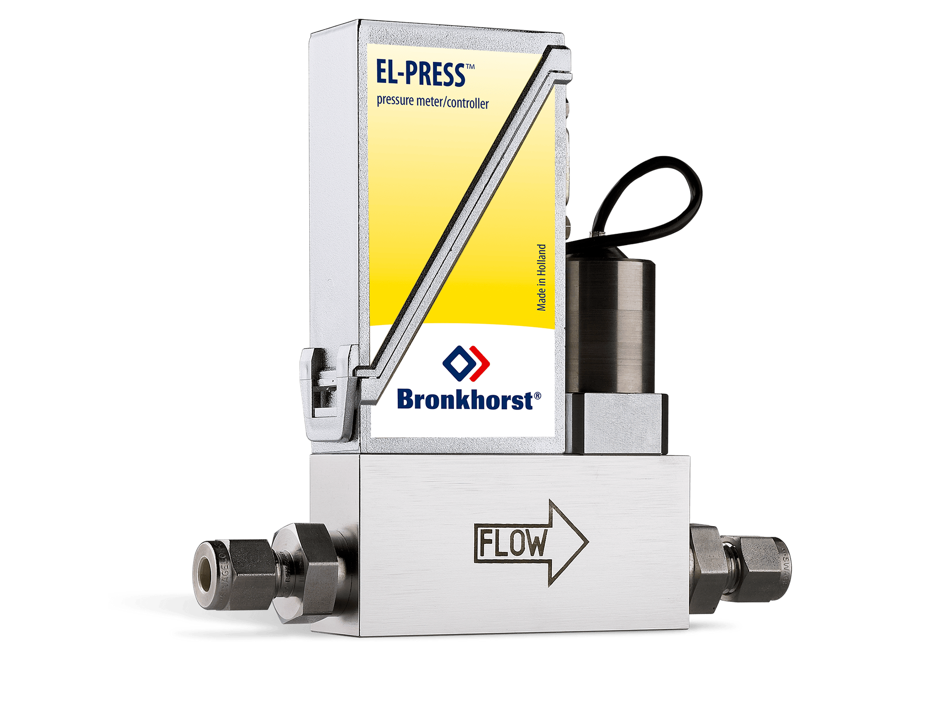 EL-press trykkontroller med reguleringsventil monter på en blokk med tilkobing for tubing.