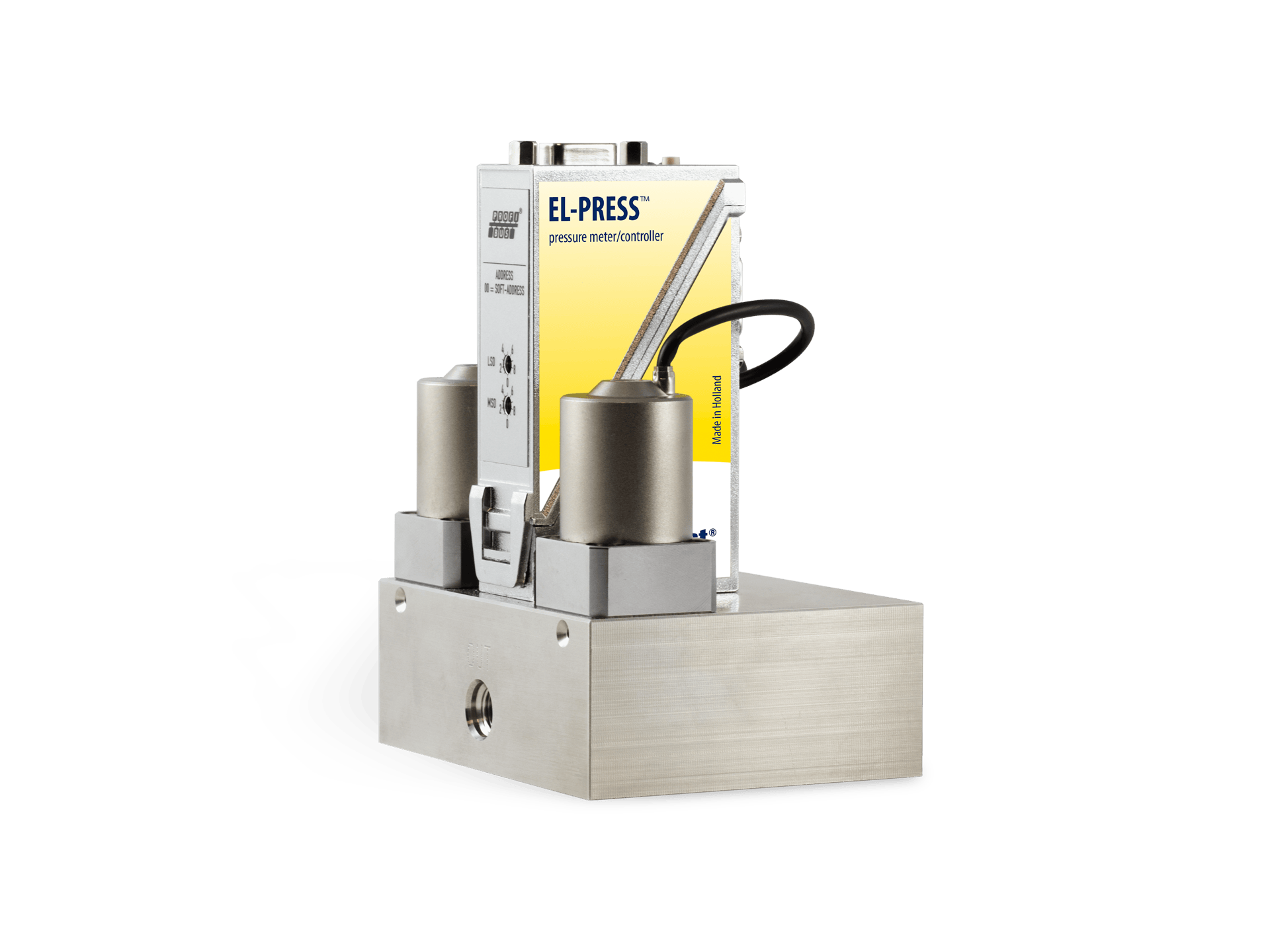 Komplett EL-press trykkontroller med ventil på inn og utgang montert på en blokk.