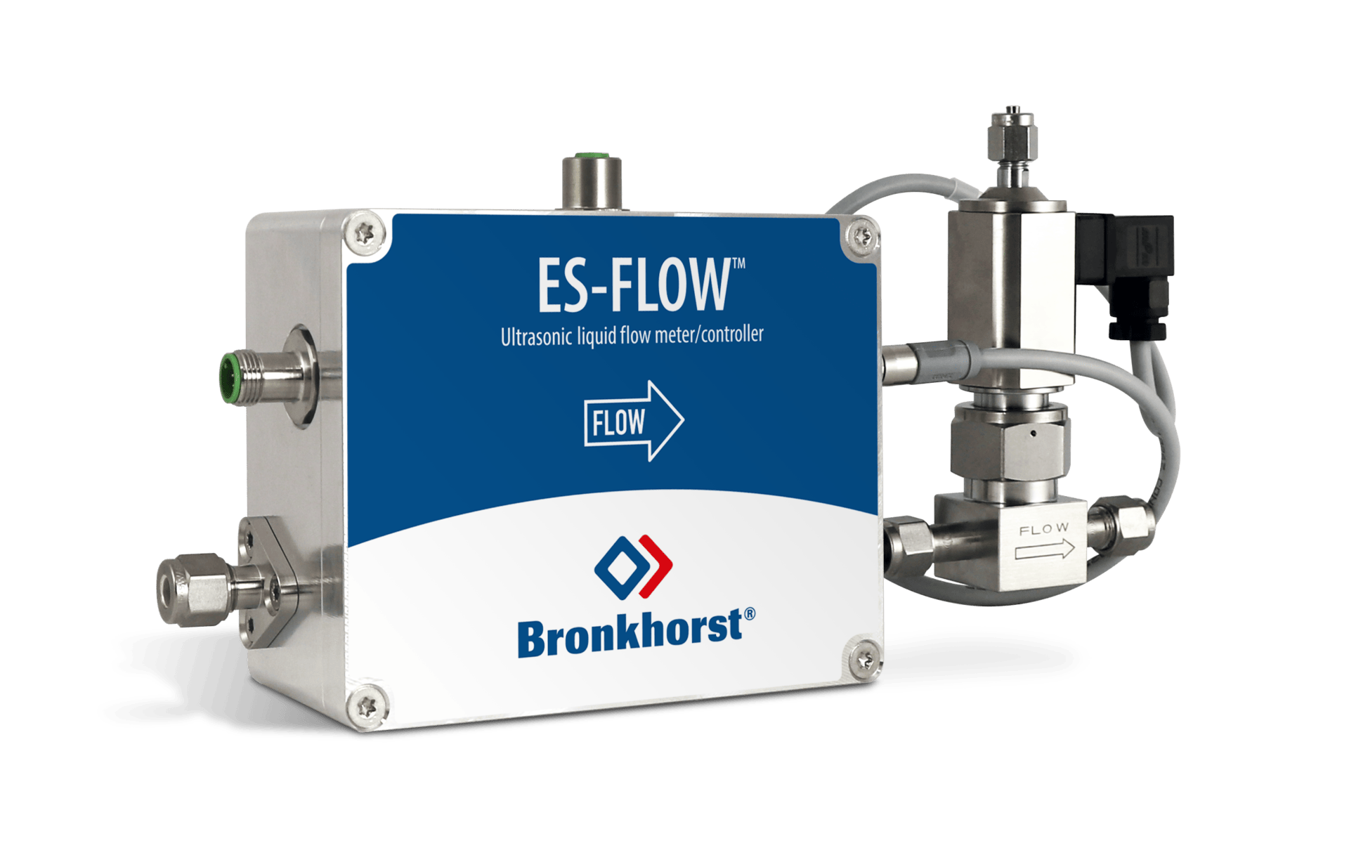 ES-flow kompakt hus for flowmåling, ventil for regulering er tilkoblet utgangen.