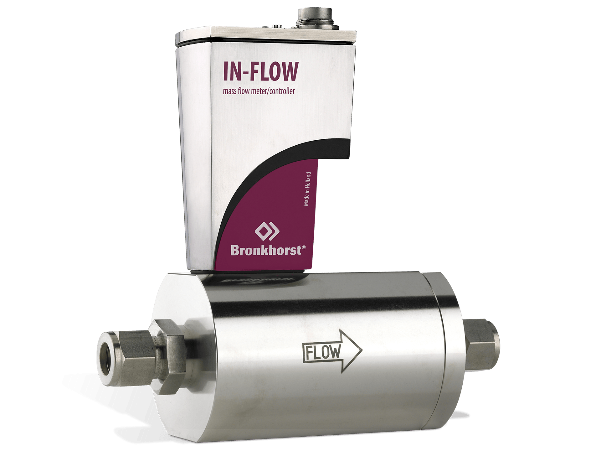 In-Flow select flowmåler med gjenger for tilkobling på rør. Elektronikk tilkobling på toppen.