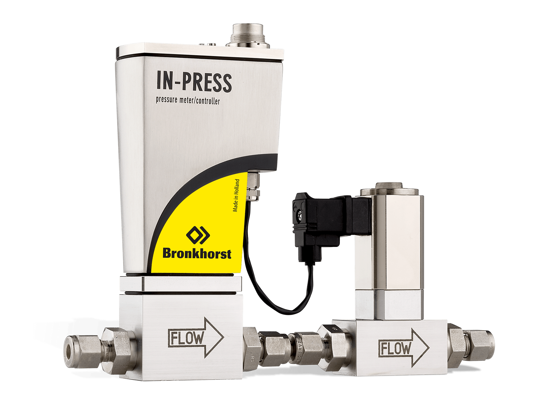 In-press trykkontroller med ventil for regulering av trykk i en tubing.