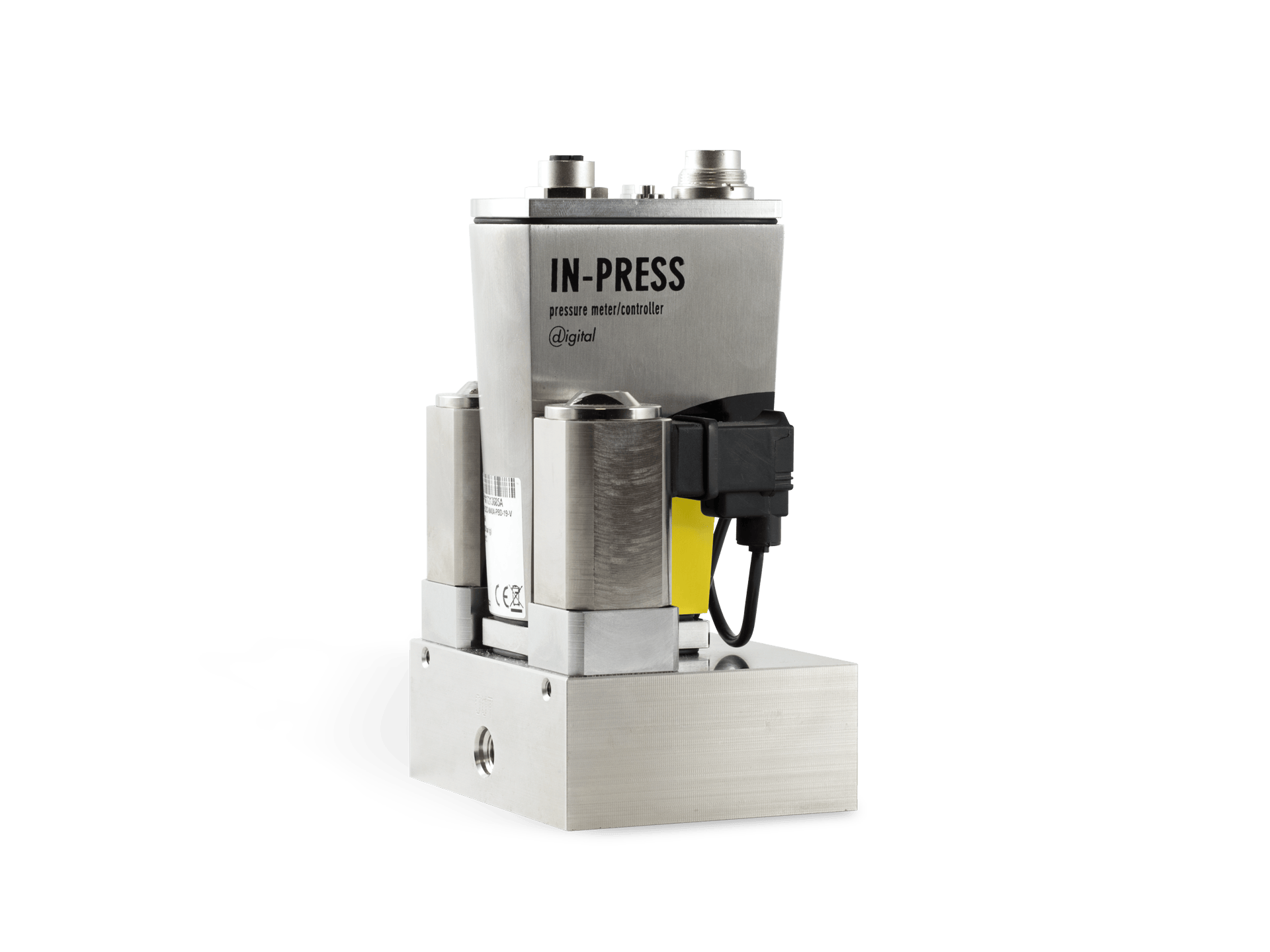 Komplett In-press trykkontroller med ventil på inn og utgang montert på en blokk.