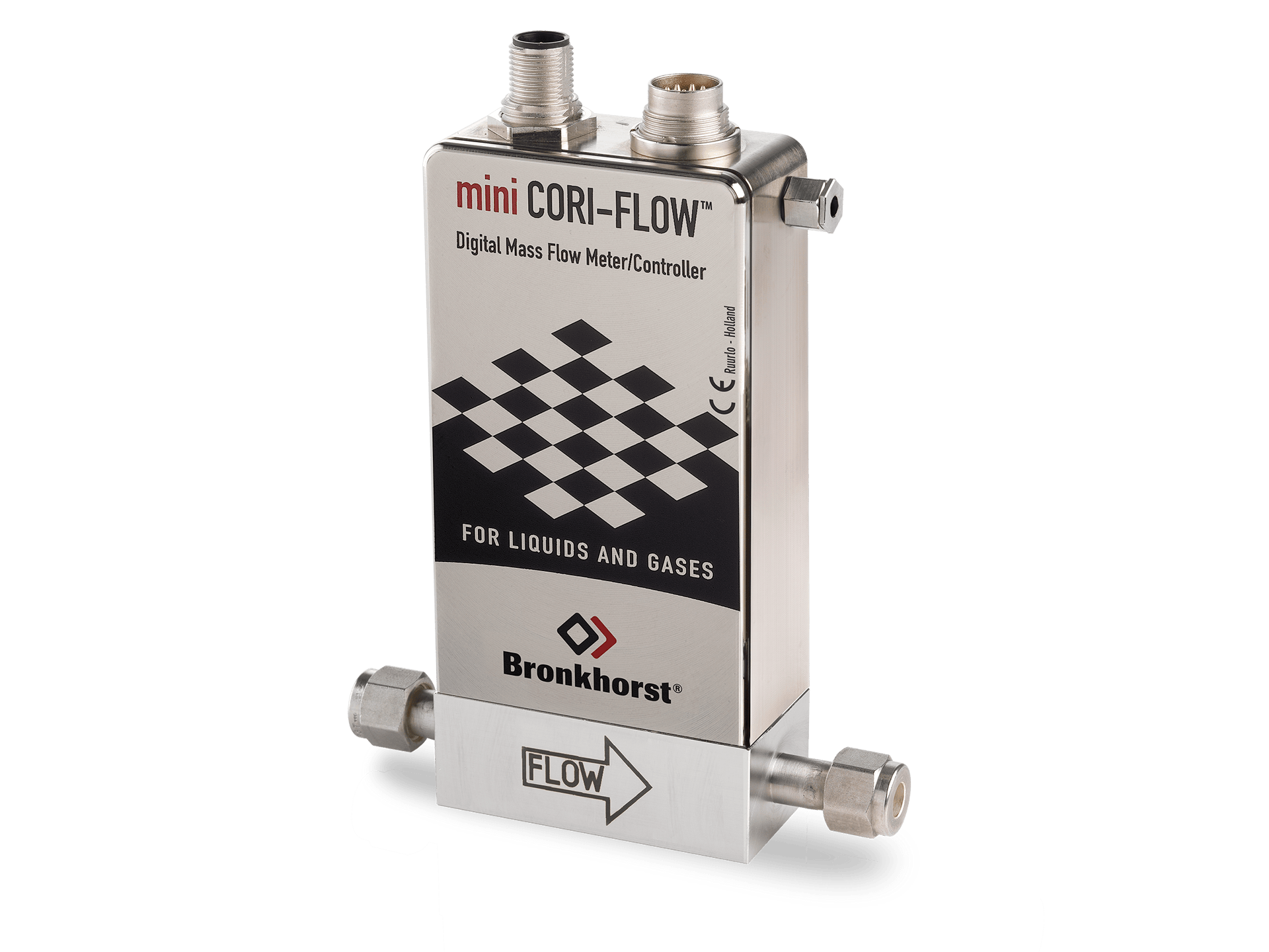 Mini Cori-flow måler med gjenger for enkel tilkobling til prosessen. Elektronisk tilkobling på toppen.