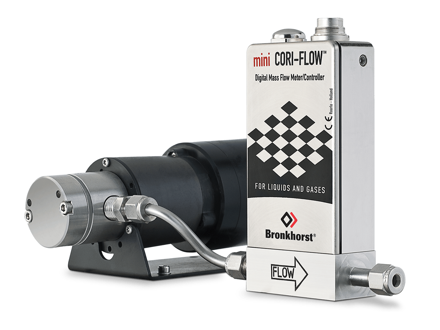 Mini Cori-flow måler med pumpe tilkoblet, gjenger for enkel tilkobling til prosessen.