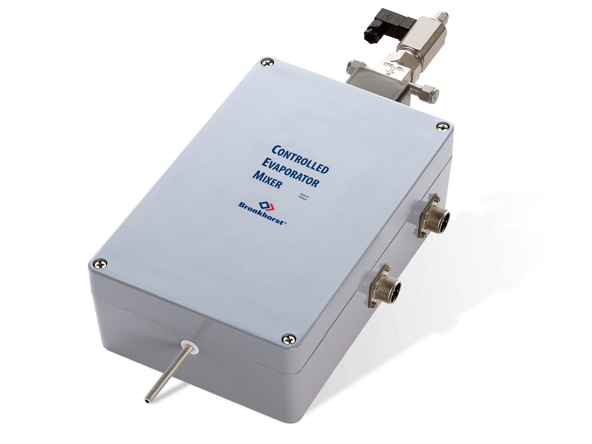 Cem-system, grå enhet med en mikseventil på toppen og utløp under. Ventilen har innløp for væske og damp.