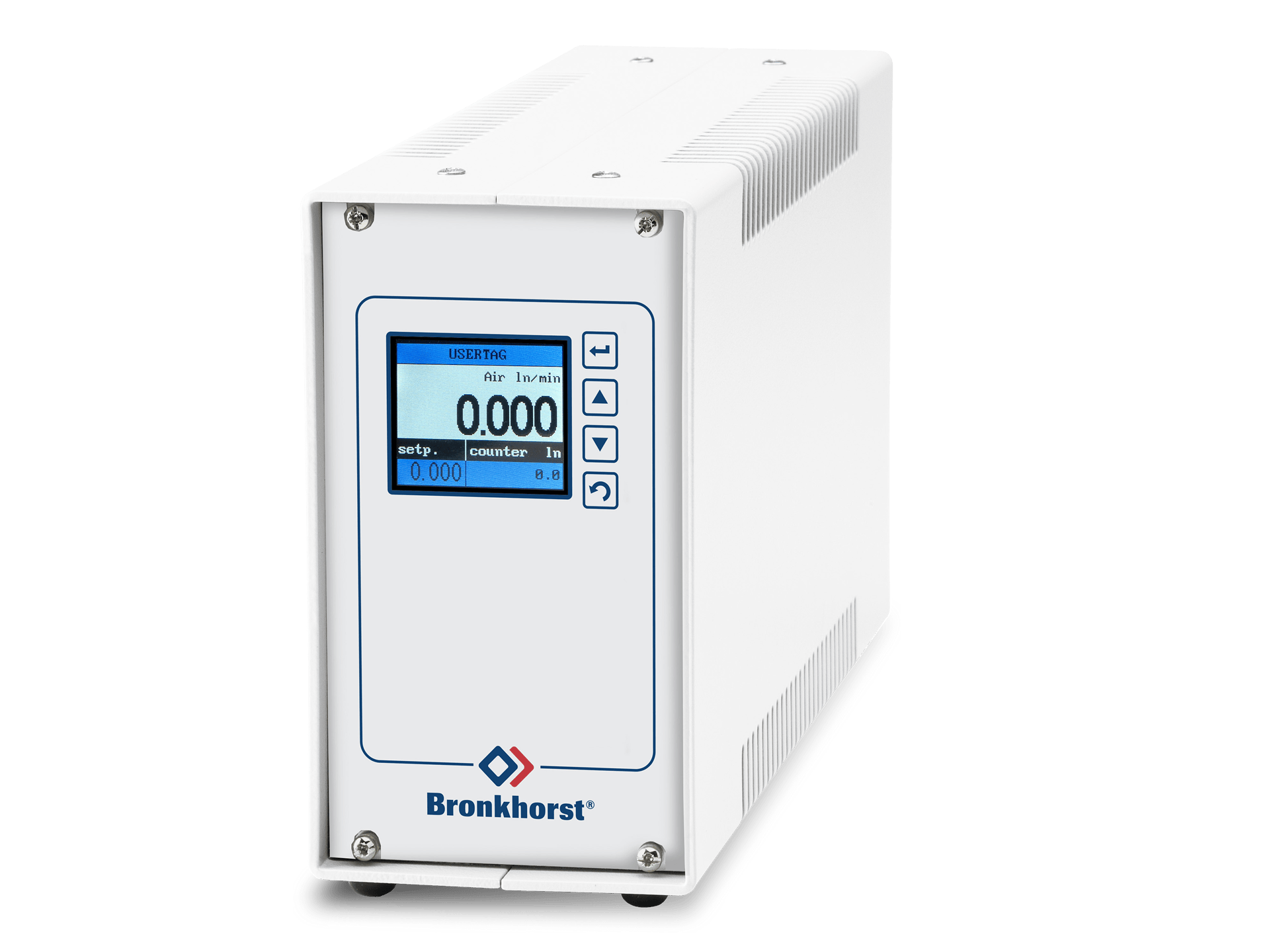 Flow controller, elektronikkenhet med display, strømtilførsel og knapper for styring av digitalt flowmeter eller kontroller.