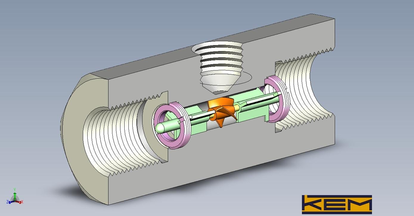 Tverrsnitt av en turbinmåler. Den viser huset, pick-up og rotor. og